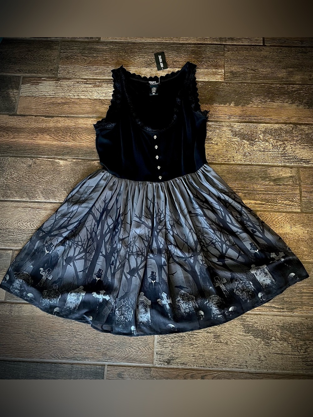 Thorn & Fable Hot Topic graveyard dress with ravens, trees & tombstones M